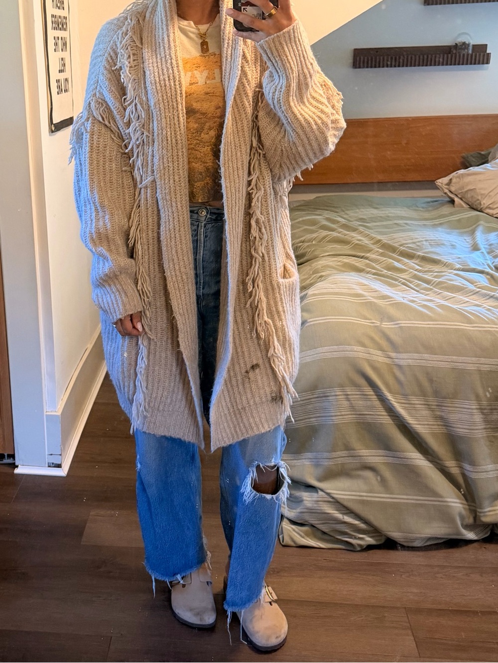 Anthropologie Beige Fringe Open-Front Chunky Cardigan